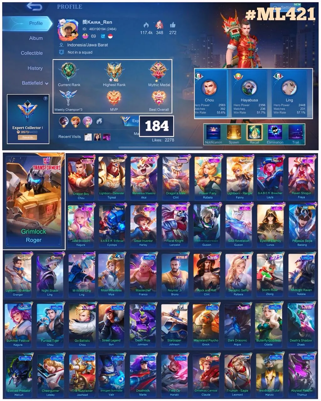 ML 421⚡Full max emblem⚡️Transformers Roger⚡️Luckybox Chou⚡️Lightborn Tigreal Fanny⚡️Anniversary Akai⚡️Myth Clint⚡️7 Epic⚡️Saber Cyclops⚡️Venom Gusion⚡️Seint Seiya Badang⚡️ Dragon Ling⚡️